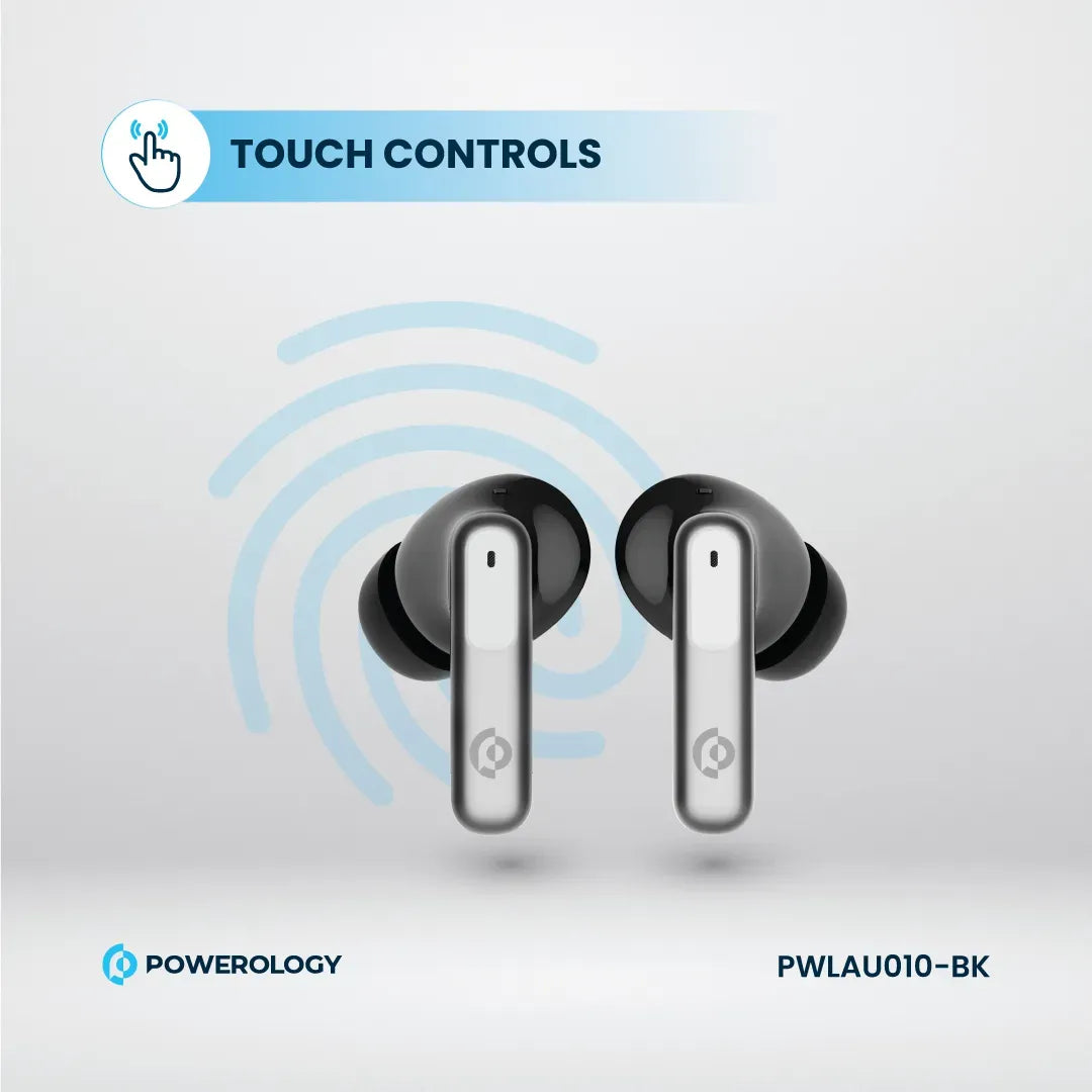 سماعات باورولوجي اللاسلكية ANC+ENC مع 6 مايكروفونات, تشغيل حتى 6 ساعات | Powerology Hybrid ANC+ENC 6Mic True Wireless Earbuds – 6H Playtime.
