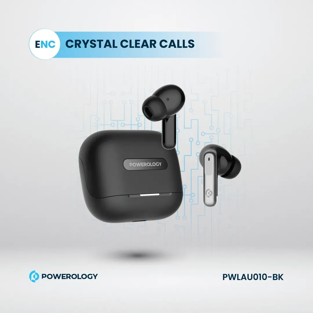 سماعات باورولوجي اللاسلكية ANC+ENC مع 6 مايكروفونات, تشغيل حتى 6 ساعات | Powerology Hybrid ANC+ENC 6Mic True Wireless Earbuds – 6H Playtime.