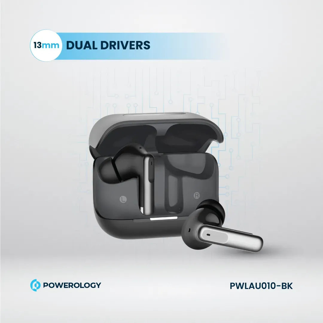 سماعات باورولوجي اللاسلكية ANC+ENC مع 6 مايكروفونات, تشغيل حتى 6 ساعات | Powerology Hybrid ANC+ENC 6Mic True Wireless Earbuds – 6H Playtime.