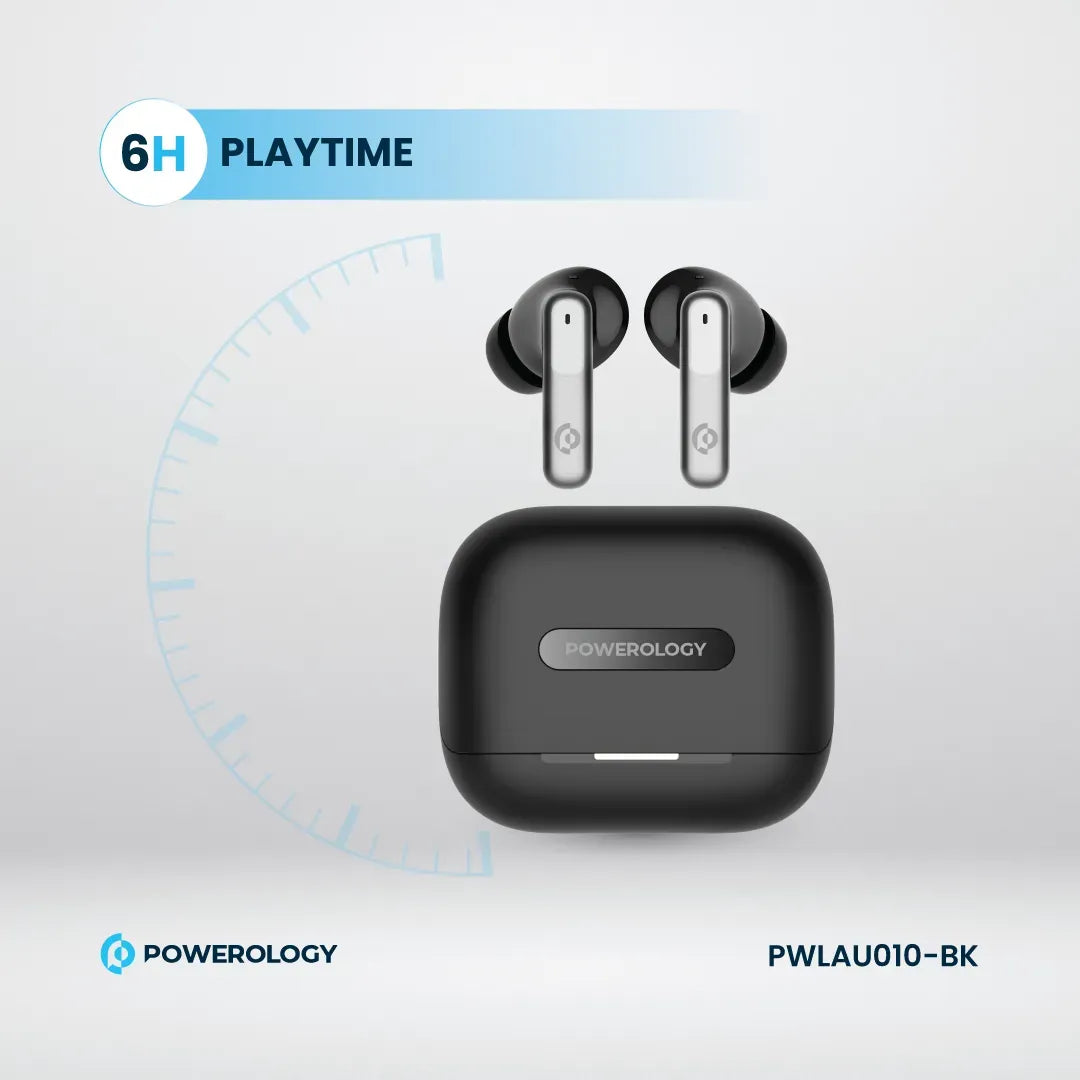 سماعات باورولوجي اللاسلكية ANC+ENC مع 6 مايكروفونات, تشغيل حتى 6 ساعات | Powerology Hybrid ANC+ENC 6Mic True Wireless Earbuds – 6H Playtime.