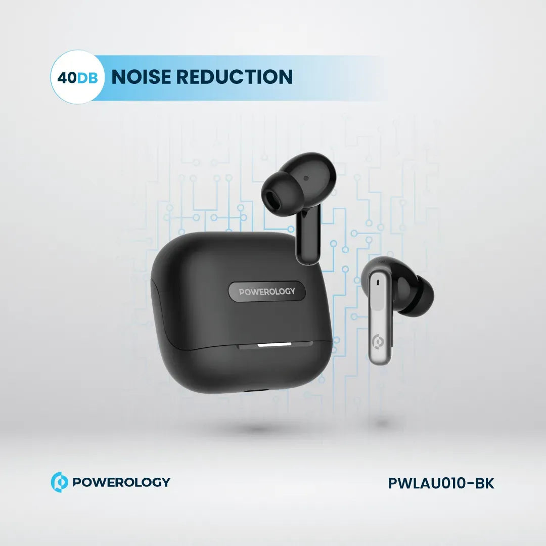 سماعات باورولوجي اللاسلكية ANC+ENC مع 6 مايكروفونات, تشغيل حتى 6 ساعات | Powerology Hybrid ANC+ENC 6Mic True Wireless Earbuds – 6H Playtime.