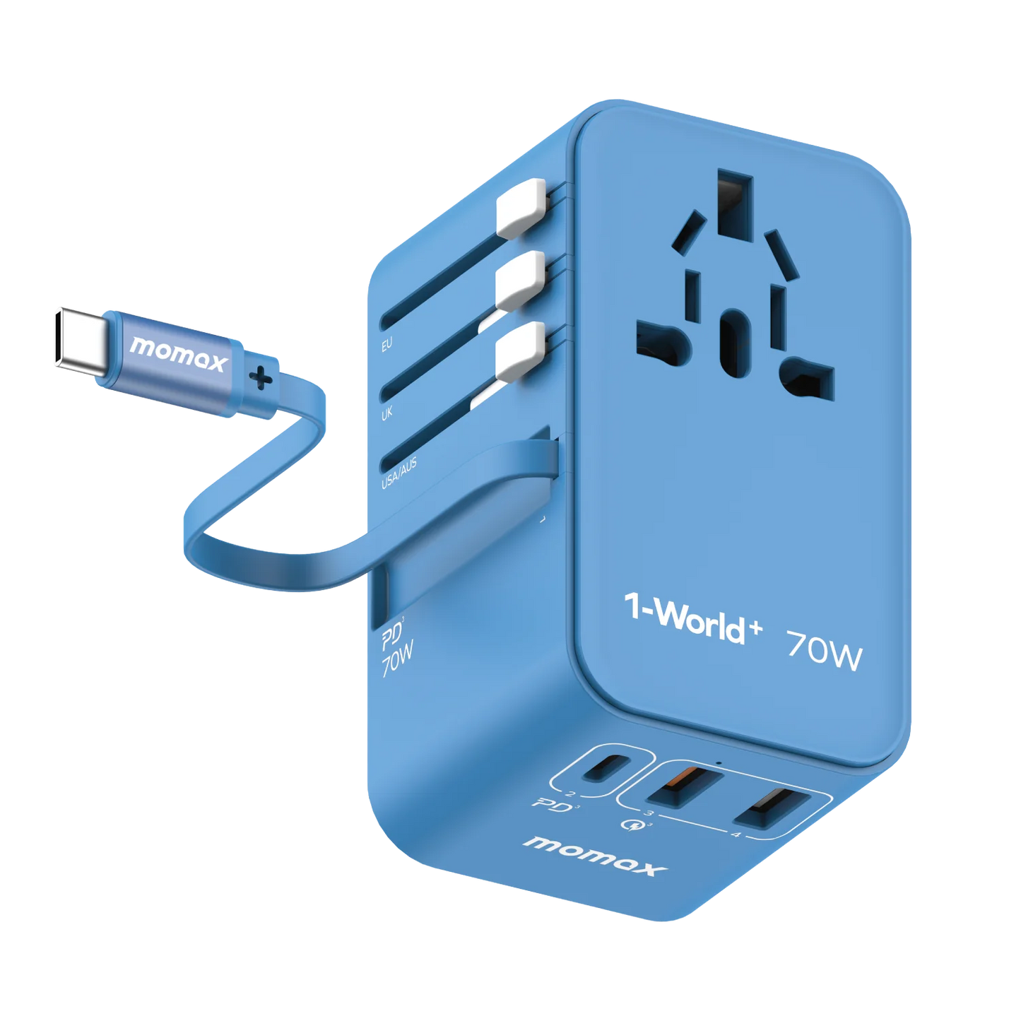 Momax 1-World+ 70W GaN 3-Port Charger with Built-in USB-C Cable - شاحن GaN موماكس 1-world بلس بقدرة 70 واط, شاحن سفر عالمي ب 3 منافذ مع كيبل USB-C