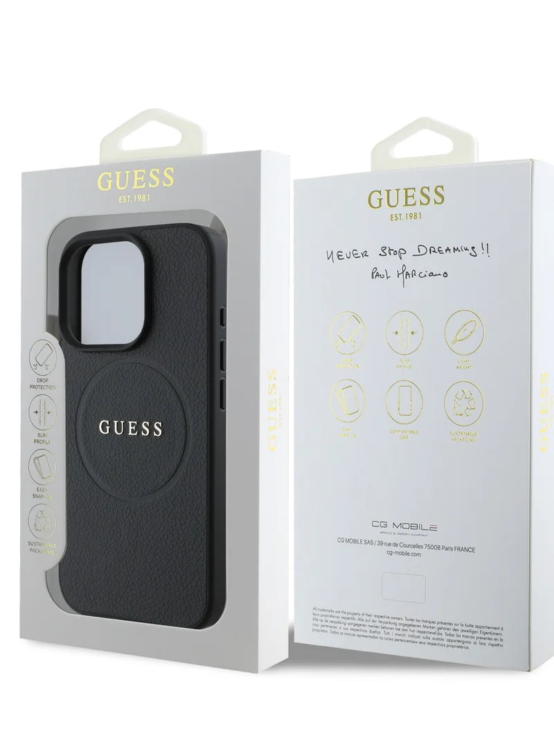 Guess MagSafe PU Grained Hard Case with Gold Ring for iPhone 16 Pro | كفر GUESS صلب بتصميم جلد محبب وحلقة ذهبية ومتوافق مع ماج سيف لهاتف ايفون 16 برو