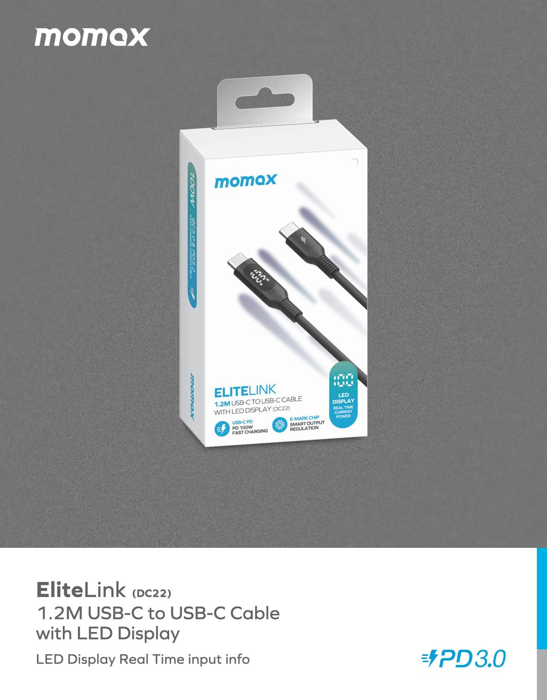 Momax EliteLink USB‑C to USB‑C PD 100W Cable with LED Display, 1.2m - كيبل موماكس اليت لنك USB-C الى USB-C مع شاشة LED, شحن سريع 100 واط, طول 1.2م