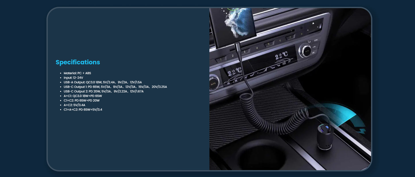 شاحن سيارة باورولوجي بمنفذ يو اس بي اي بقدرة 18 واط و يو اس بي سي بقدرة 45 واط مع كيبل تايب سي مدمج - اسود | Powerology PD45W + QC18W Dual Ports Car Charger with 35W Type-C Coiled Cable.