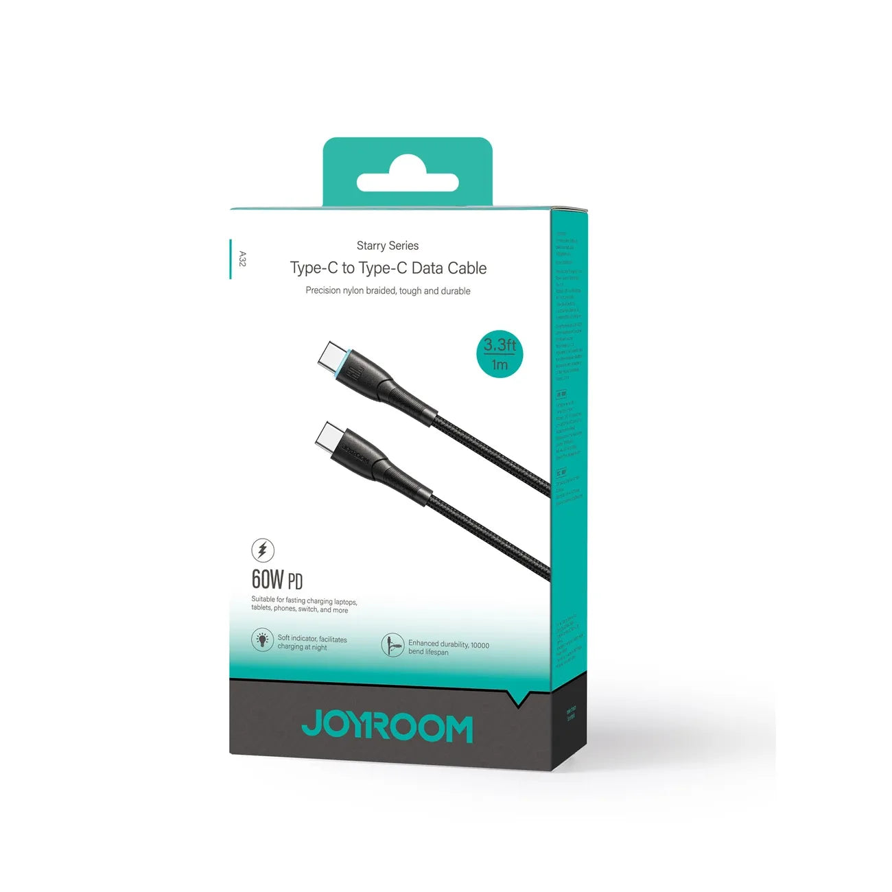 كيبل جويرووم يو اس بي سي الى يو اس بي سي بقدرة شحن 60 واط وطول 1 متر - اسود | JOYROOM Starry 60W Type-C to Type-C Fast Charging Cable 1m – Black