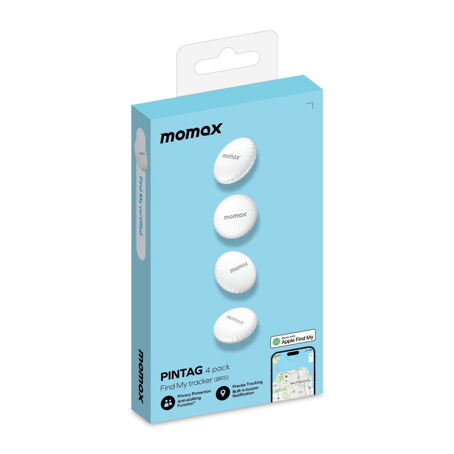 Momax PinTag Find My Tracker (4-Pack - White) - متعقب موماكس بن تاج فايند ماي تراكر, (حزمة من 4 قطع, ابيض)