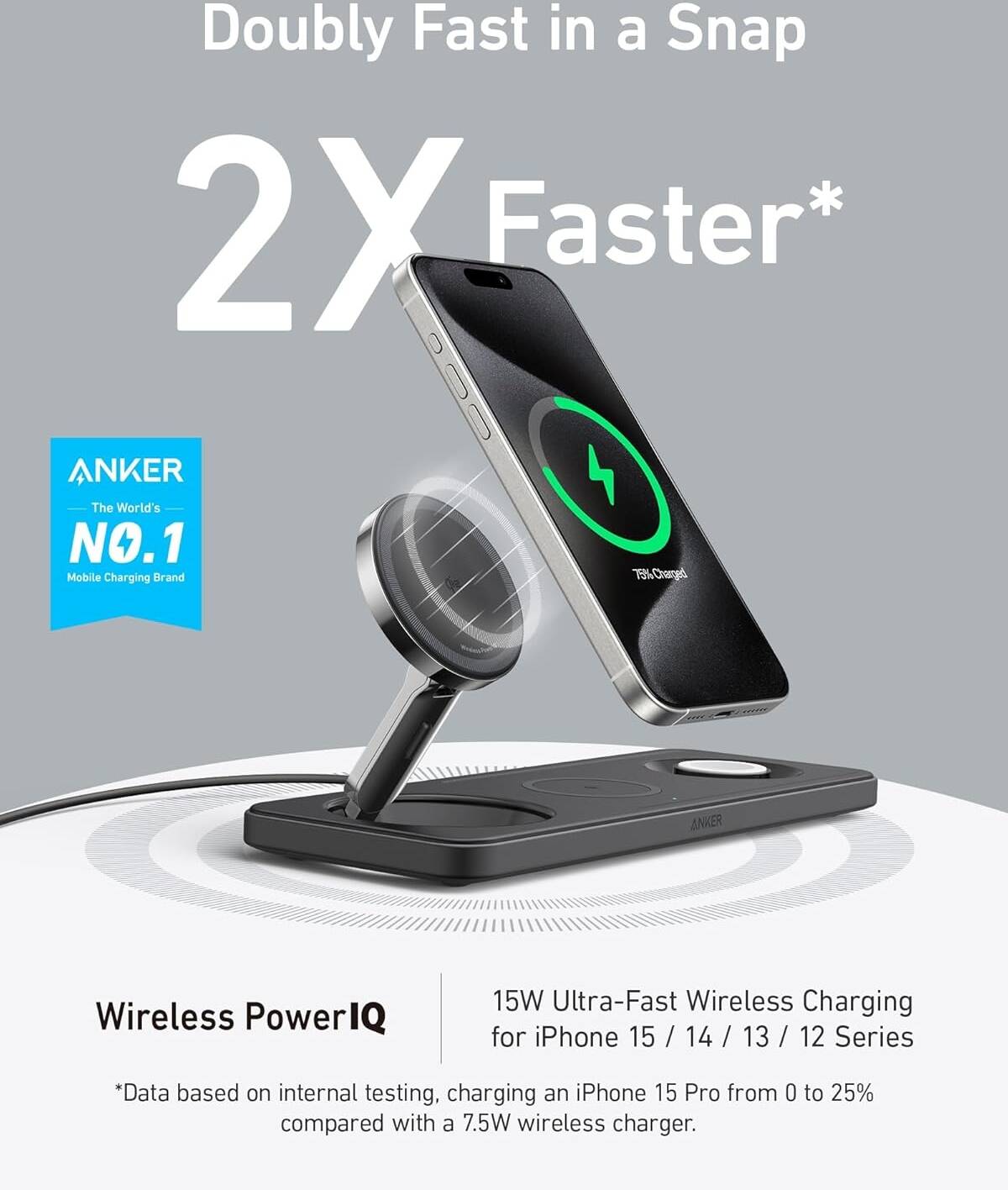 شاحن انكر ماج جو اللاسلكي 3 في 1, قاعدة شحن 15 واط معتمد QI2 للايفون | Anker MagGo Wireless Charging Pad 3-in-1, Qi2 Certified 15W Charger for iPhone
