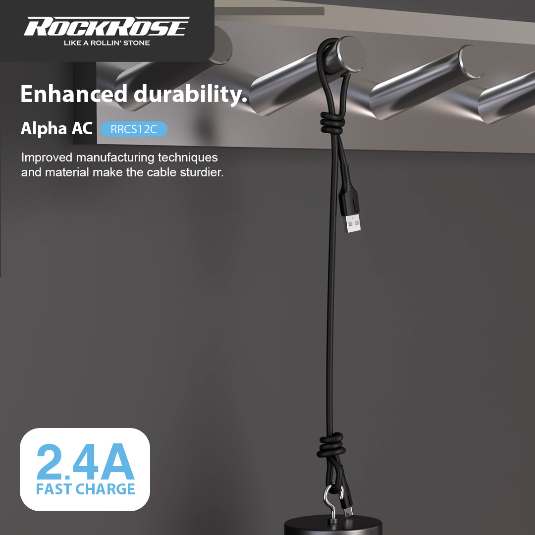 روك روز ألفا أي سي كابل للشحن السريع و المزامنة بطول 1 متر يو اس بي الى يو اس بي سي - RockRose Alpha AC 1M USB To USB-C Fast Charge & Sync Cable