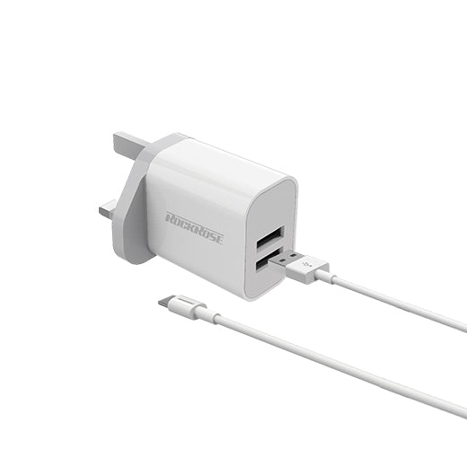 RockRose RRTCC02MUK Casa A2 Combo Dual Port 12W Max Power Adapter With UK Plug and Cable Charge & Sync Cable - روك روز كاسا اي 2 كومبو محول طاقة ثنائي المنافذ 12 واط ماكس كابل شحن ومزامنة