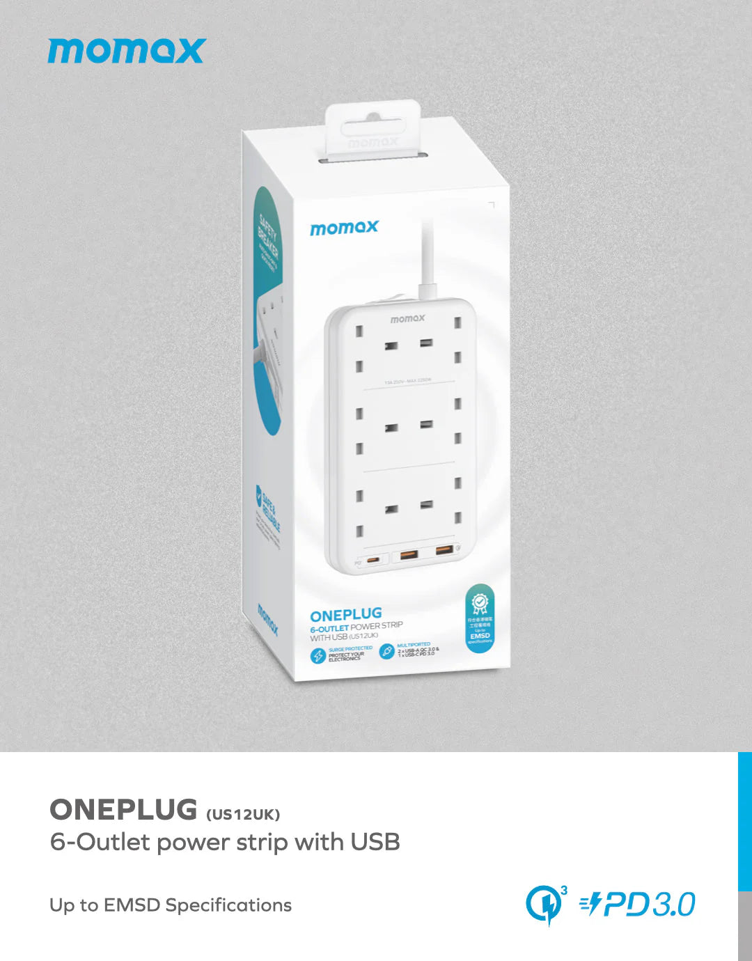 Momax ONEPLUG 6-Outlet Power Strip - مشترك كهربائي موماكس وان بلاج بـ6 منافذ طاقة