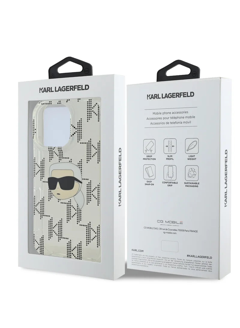Karl Lagerfeld IML Hard Case with Electroplated Karl Head for iPhone 16 Pro Max | كفر كارل لاغرفيلد بشعار كارل ورمز الماركة لهاتف ايفون 16 برو ماكس