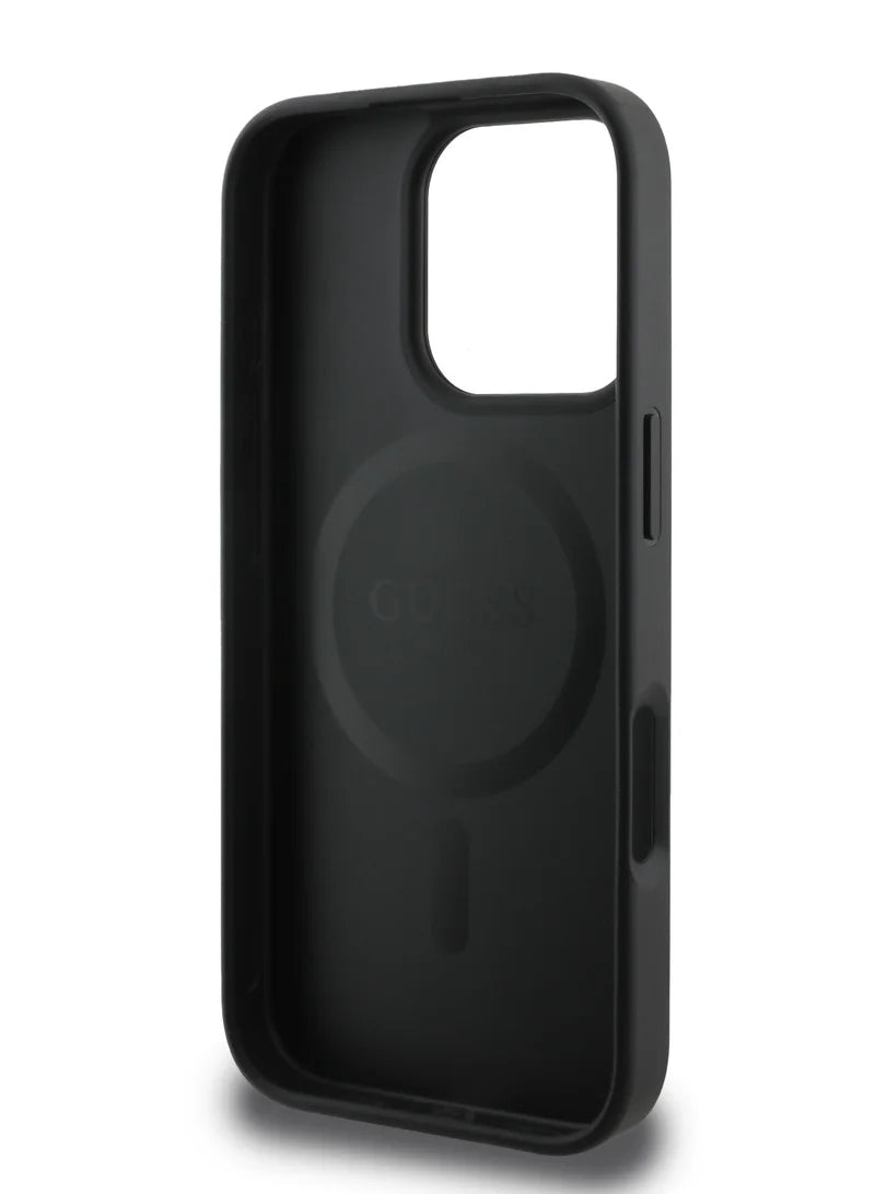 Guess MagSafe PU Grained Hard Case with Gold Ring for iPhone 16 Pro | كفر GUESS صلب بتصميم جلد محبب وحلقة ذهبية ومتوافق مع ماج سيف لهاتف ايفون 16 برو