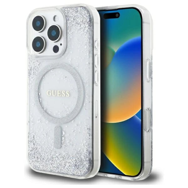 GUESS MagSafe Glitter Hard Case with Resin Glitter for iPhone 16 Pro – Silver | كفر GUESS صلب بلمعة ريزن فضية, متوافق مع ماج سيف لهاتف ايفون 16 برو - سلفر