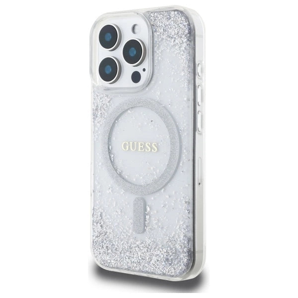 GUESS MagSafe Glitter Hard Case with Resin Glitter for iPhone 16 Pro – Silver | كفر GUESS صلب بلمعة ريزن فضية, متوافق مع ماج سيف لهاتف ايفون 16 برو - سلفر