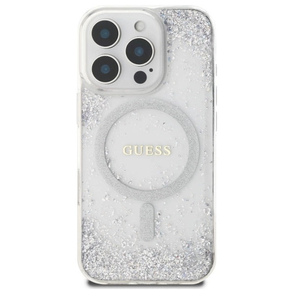 GUESS MagSafe Glitter Hard Case with Resin Glitter for iPhone 16 Pro – Silver | كفر GUESS صلب بلمعة ريزن فضية, متوافق مع ماج سيف لهاتف ايفون 16 برو - سلفر