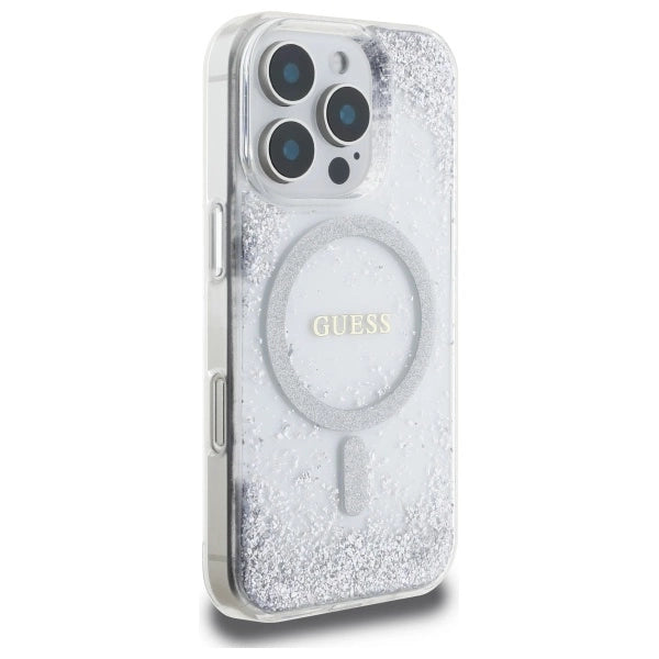 GUESS MagSafe Glitter Hard Case with Resin Glitter for iPhone 16 Pro – Silver | كفر GUESS صلب بلمعة ريزن فضية, متوافق مع ماج سيف لهاتف ايفون 16 برو - سلفر