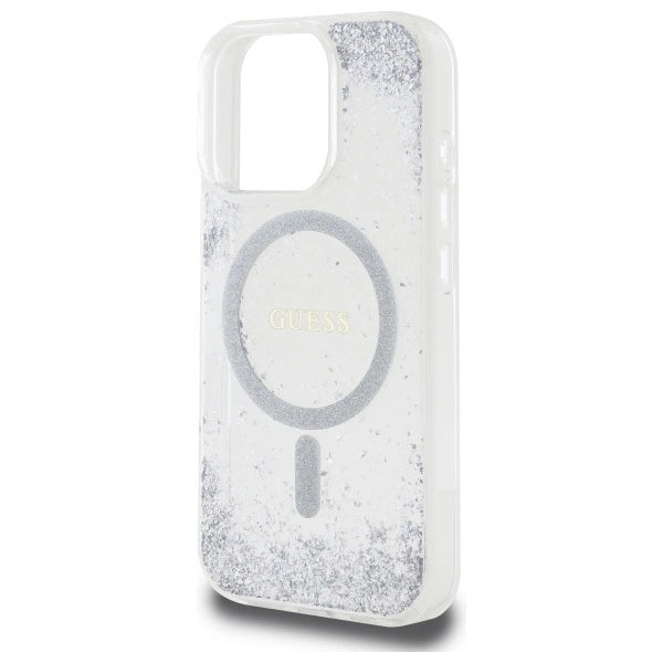 GUESS MagSafe Glitter Hard Case with Resin Glitter for iPhone 16 Pro – Silver | كفر GUESS صلب بلمعة ريزن فضية, متوافق مع ماج سيف لهاتف ايفون 16 برو - سلفر