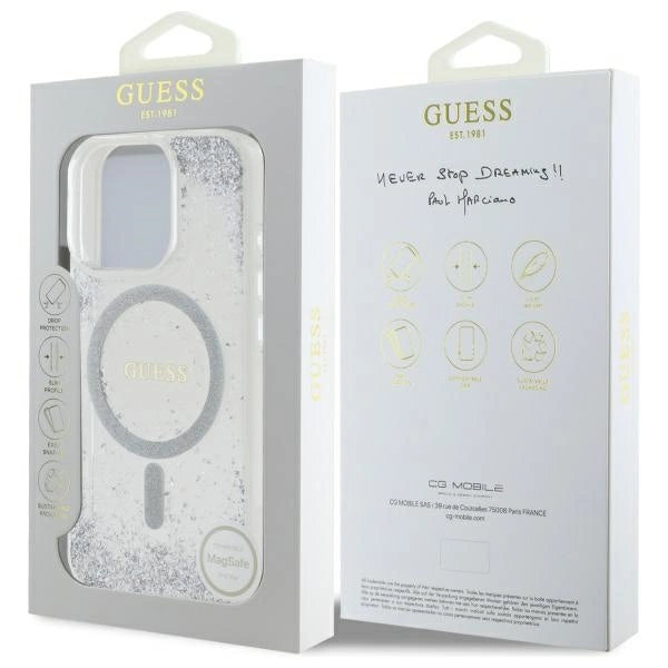 GUESS MagSafe Glitter Hard Case with Resin Glitter for iPhone 16 Pro – Silver | كفر GUESS صلب بلمعة ريزن فضية, متوافق مع ماج سيف لهاتف ايفون 16 برو - سلفر