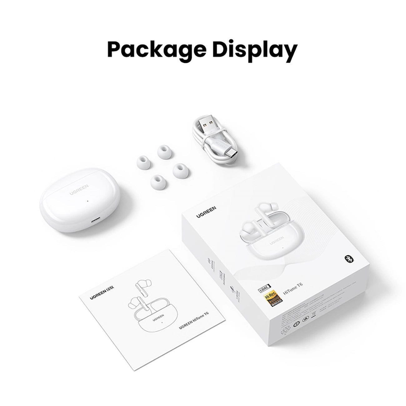 UGREEN Bluetooth V5.3 HiTune T6 Hybrid Active Noise Canceling Earbuds 30H Battery 48dB White - سماعات يوجرين هاي تيون T6 بلوتوث 5.3 إلغاء ضوضاء نشط 30 ساعة بيضاء