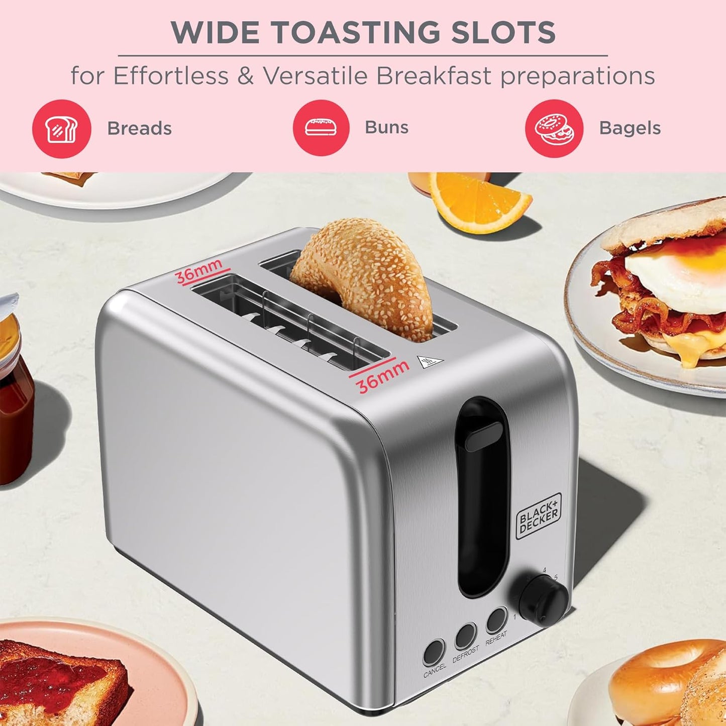 Black+Decker 2 Slice Toaster, 1050W, Double Sided Heating, 6 Toast Settings - محمص خبز بلاك آند ديكر شريحتين 1050 واط ستانلس ستيل