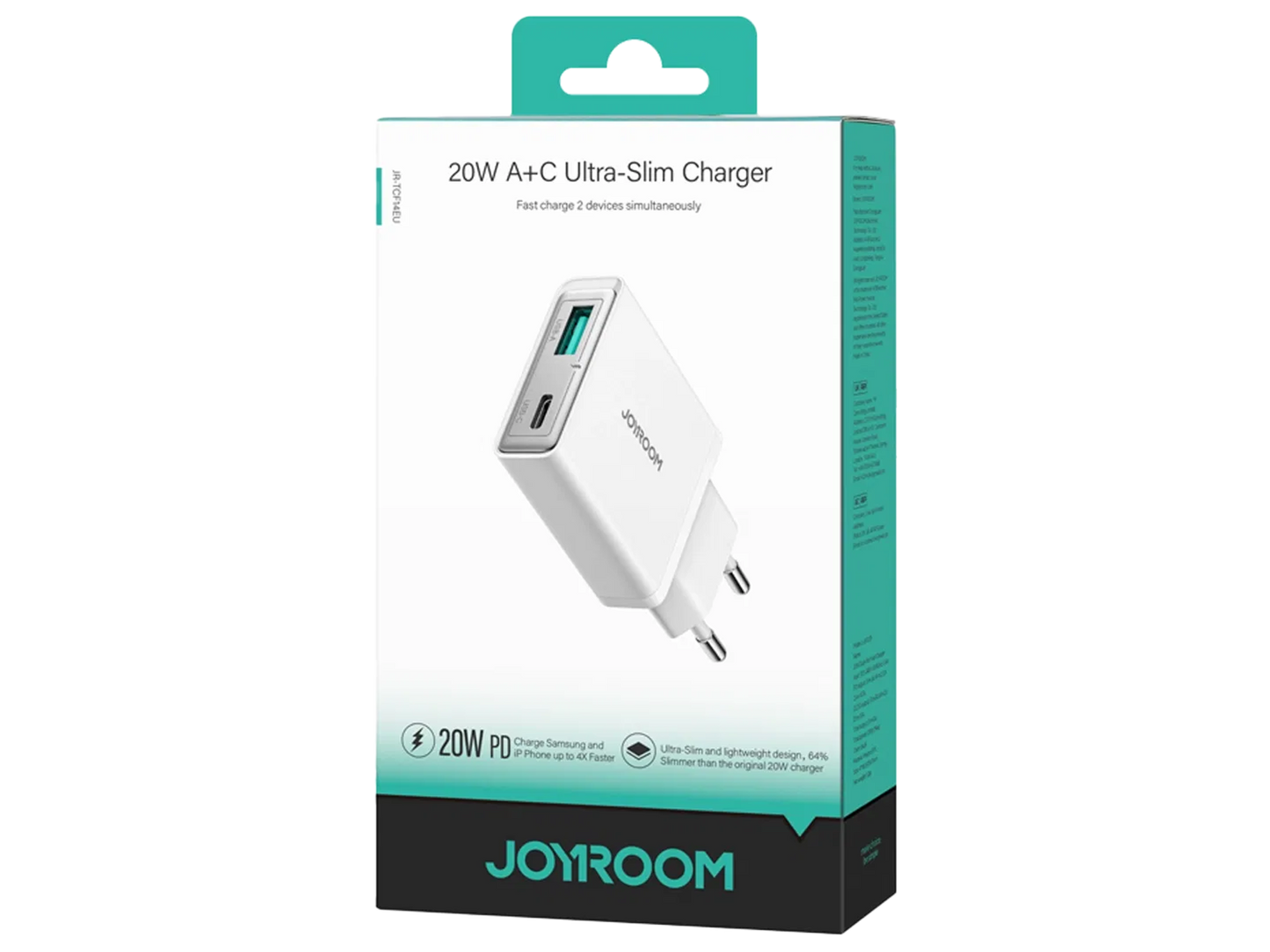 شاحن جويرووم JR-TCF14 فائق النحافة بمنفذي يو اس بي سي ويو اس بي اي وبقدرة شحن 20 واط - ابيض | JOYROOM JR-TCF14 20W A+C Super Slim Charger – White