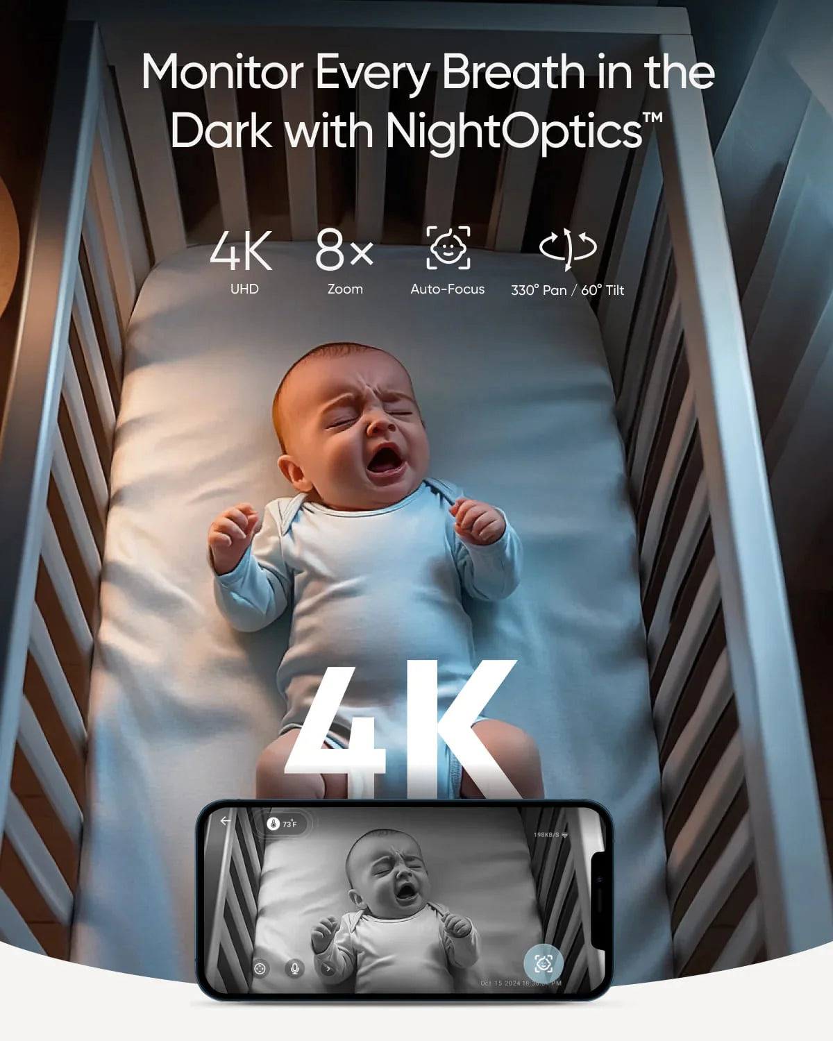 مراقب اطفال انكر يوفي E21 بدقة 4K - ابيض | Anker Eufy Wi-Fi Baby Monitor E21 4K - White