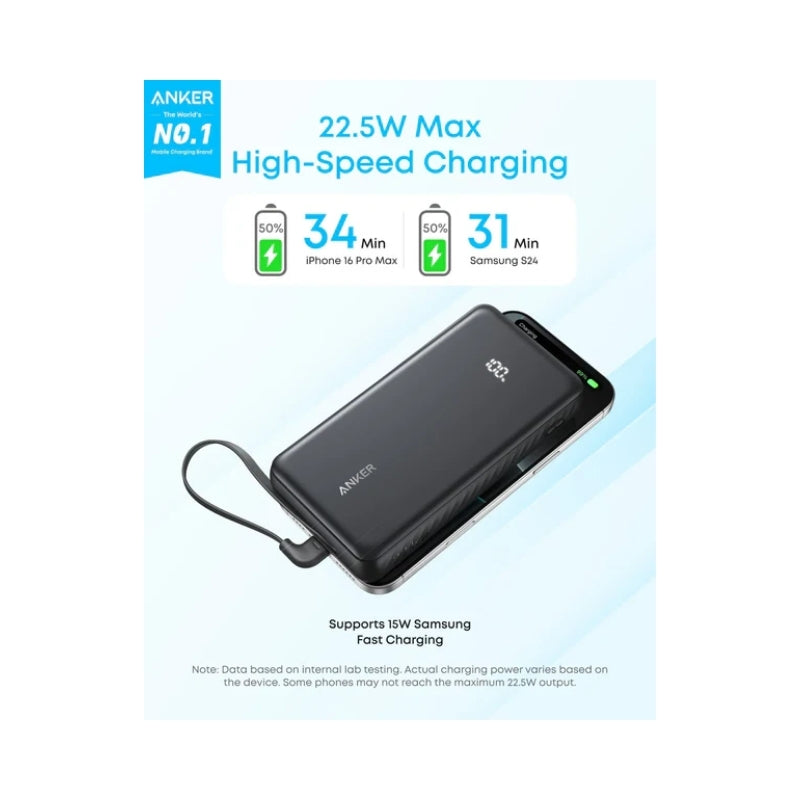 باور بانك انكر زولو بسعة 20,000 مللي امبير وبقدرة شحن 22.5 واط مع كيبل تايب سي مدمج - اسود | Anker Zolo 20000mAh 22.5W Emergency Charger with Built-in USB-C Cable – Black