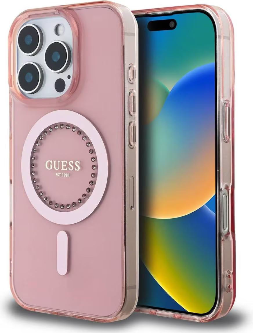 Guess MagSafe IML Hard Case with Rhinestones Design for iPhone 16 Pro | كفر GUESS صلب مع كريستالات وتوافق ماج سيف لهاتف ايفون 16 برو