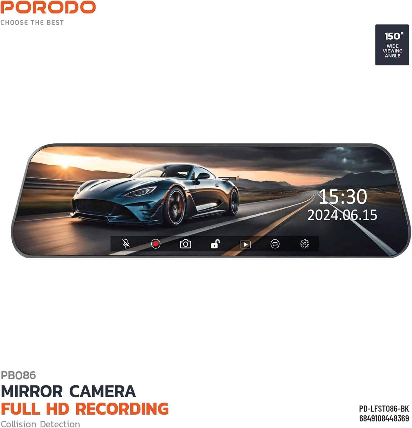 كاميرا لوحة القيادة من بورودو لايف ستايل - اسود | Porodo Lifestyle Streaming Mirror Dash Camera - Black.