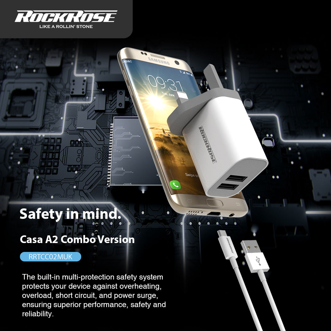 RockRose RRTCC02MUK Casa A2 Combo Dual Port 12W Max Power Adapter With UK Plug and Cable Charge & Sync Cable - روك روز كاسا اي 2 كومبو محول طاقة ثنائي المنافذ 12 واط ماكس كابل شحن ومزامنة