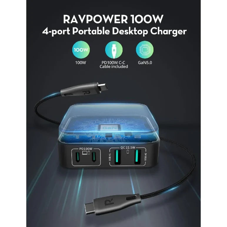 RAVPower RP-PC1042 100W 4-Port GaN PD Desktop Charger -راف باور شاحن مكتبي 4 منافذ بقوة 100 واط بتقنية GaN