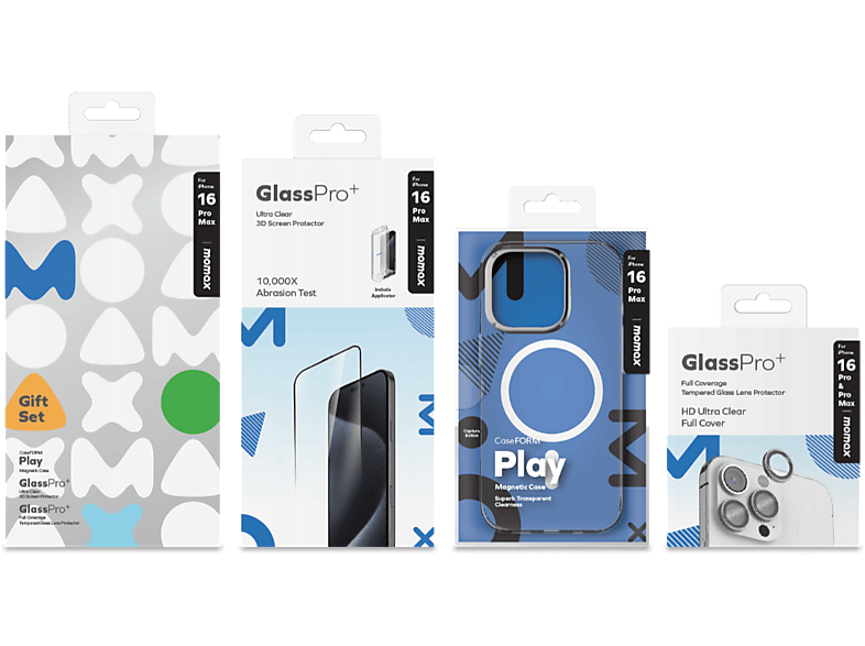 Momax Gift Bundle Set for iPhone 16 Pro – MX Case + 3D Screen Protector + Camera Lens Guard - طقم هدايا موماكس لايفون 16 برو - غطاء MX + واقي شاشة 3D + حماية عدسات الكاميرا