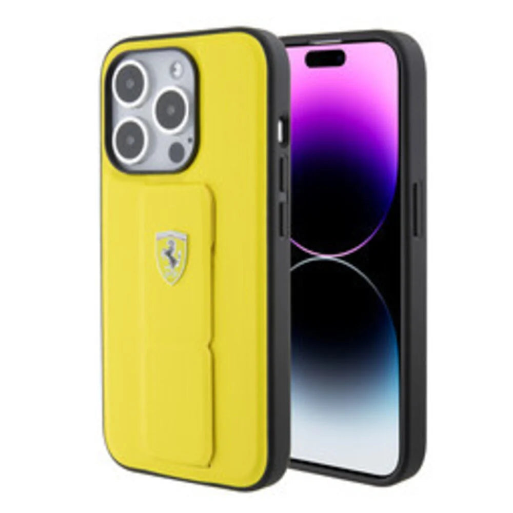 Ferrari Grip Stand PU Hard Case for iPhone 15 Pro Max – Yellow | كفر فيراري لهاتف ايفون 15 برو ماكس مع حامل - اصفر