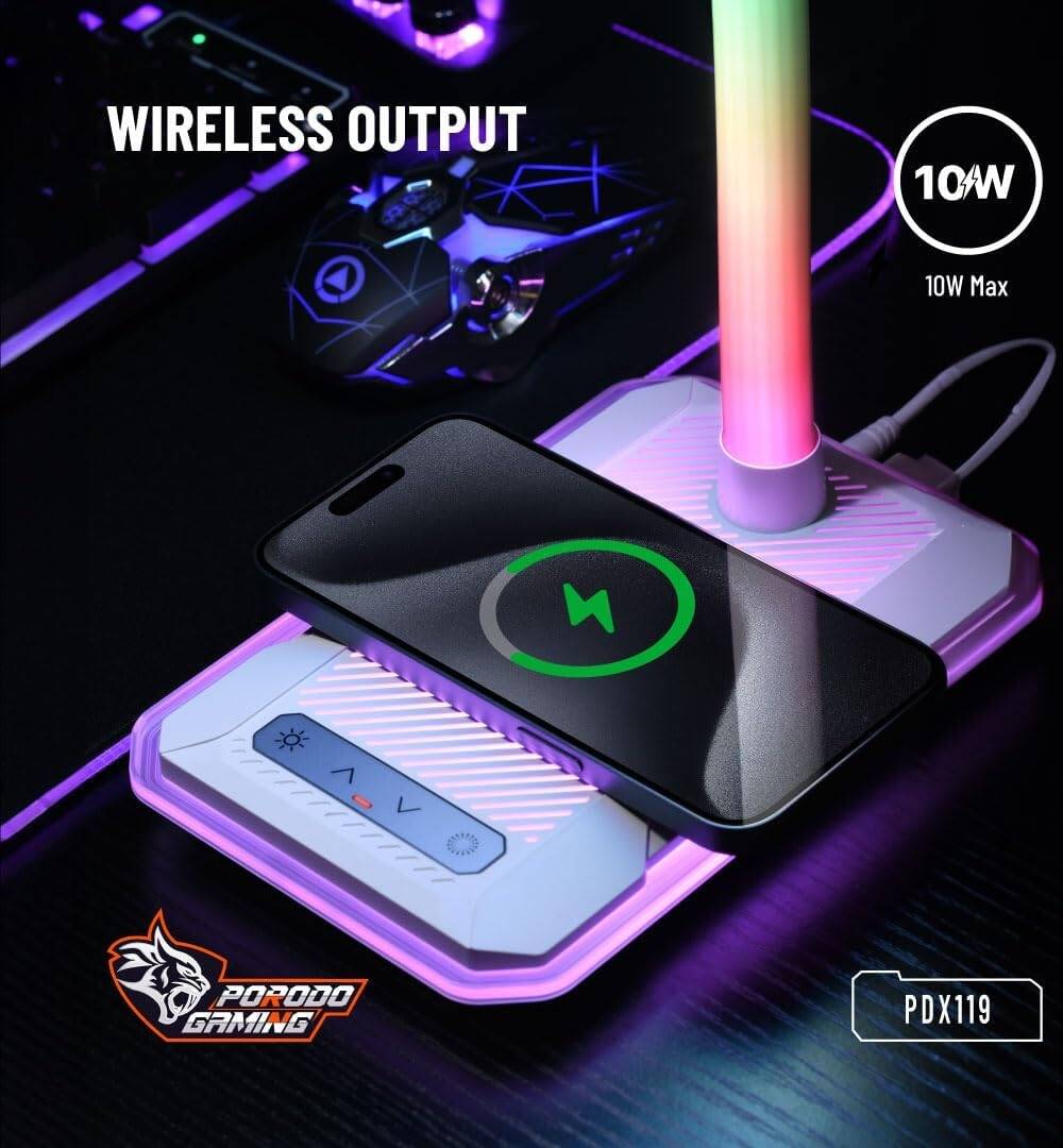 بورودو مصباح مكتبي متعدد الوضائف مع شحن لاسلكي - ابيض | Porodo Multifunctional Esports Desk Lamp with Wireless Charger - White