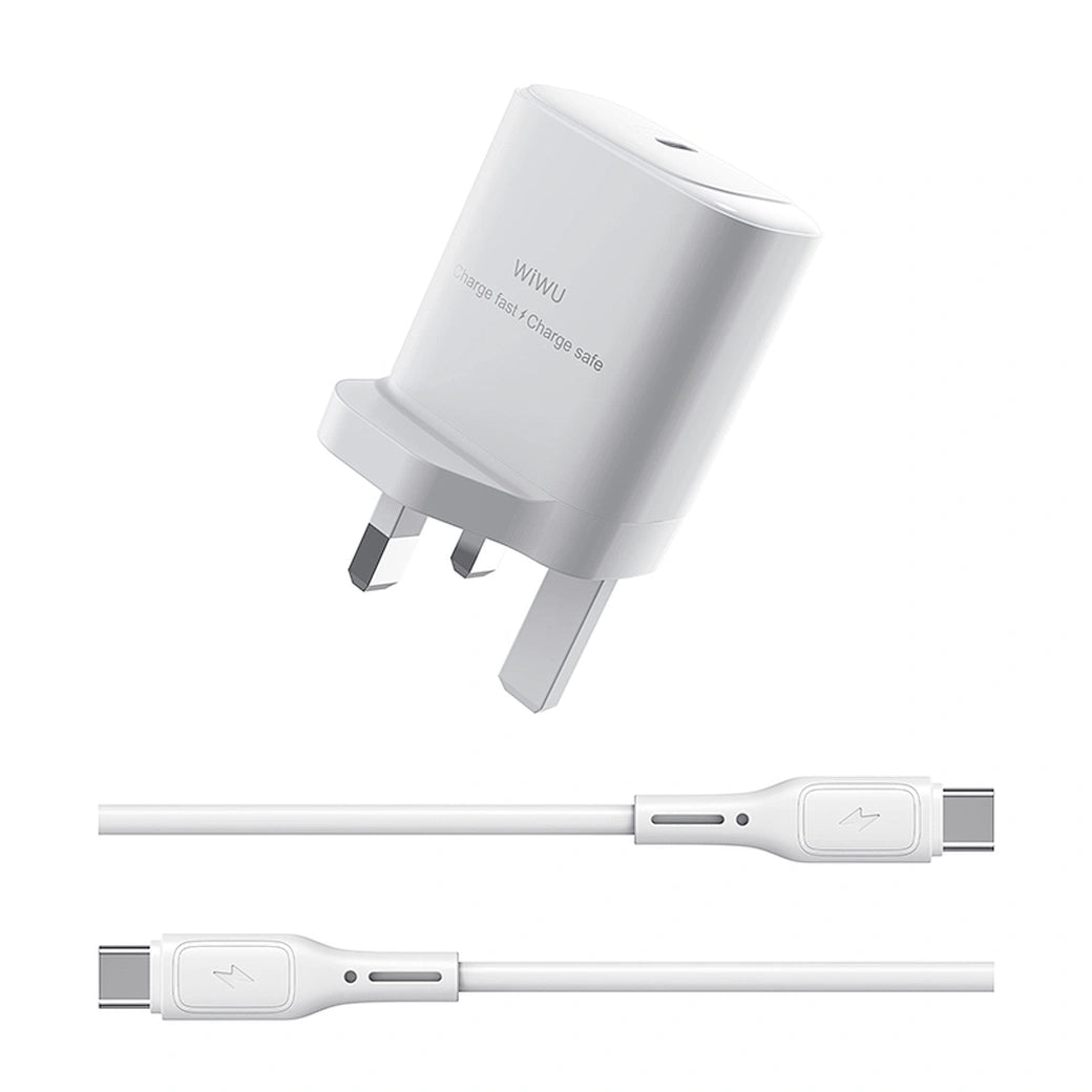 شاحن جداري ويوو GaN بقدرة شحن 30 واط مع كيبل تايب سي الى تايب سي - ابيض | WIWU 30W Essen GaN Fast Charger + Cable Combo Wi-G008 C-C - White