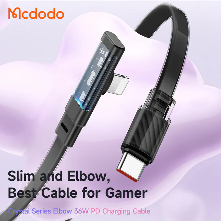 Mcdodo Dichromatic Series 36W Type-C to Lightning 90 Degree Data Cable with LED 1.2m - كابل بيانات ب36واط تايب سي إلى لايتننغ مع مؤشر ليد بطول 1.2 متر من مكدودو