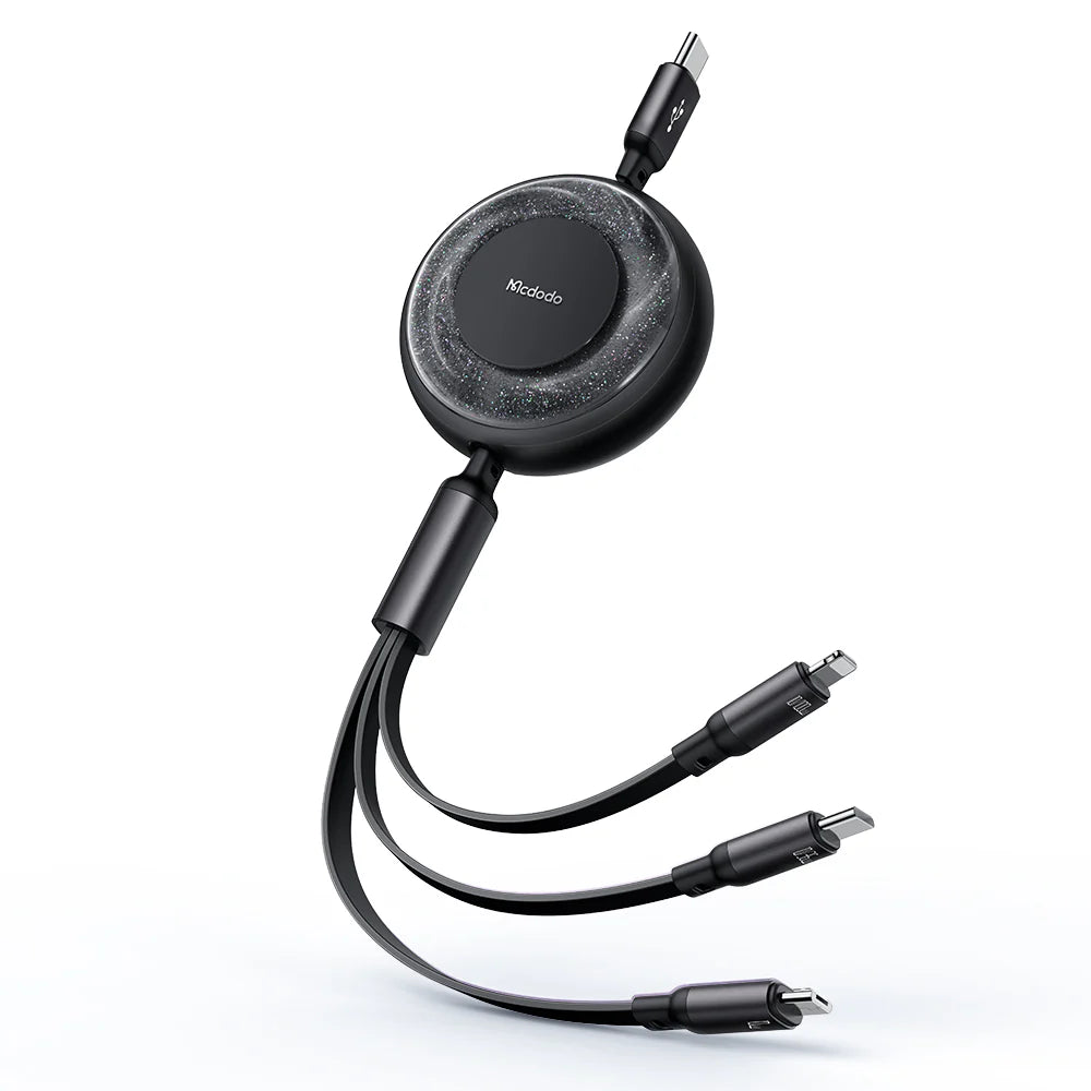 Mcdodo 3 in 1 Retractable Charging Cable PD 100W Rapid Charging USB-C to (USB-C +Lightning + Micro USB) - كيبل شحن ماكدودو 3 في 1 قابل للسحب شحن سريع 100 وات، يو اس بي سي إلى (تايب سي+لايتننغ + مايكرو يو اس بي )
