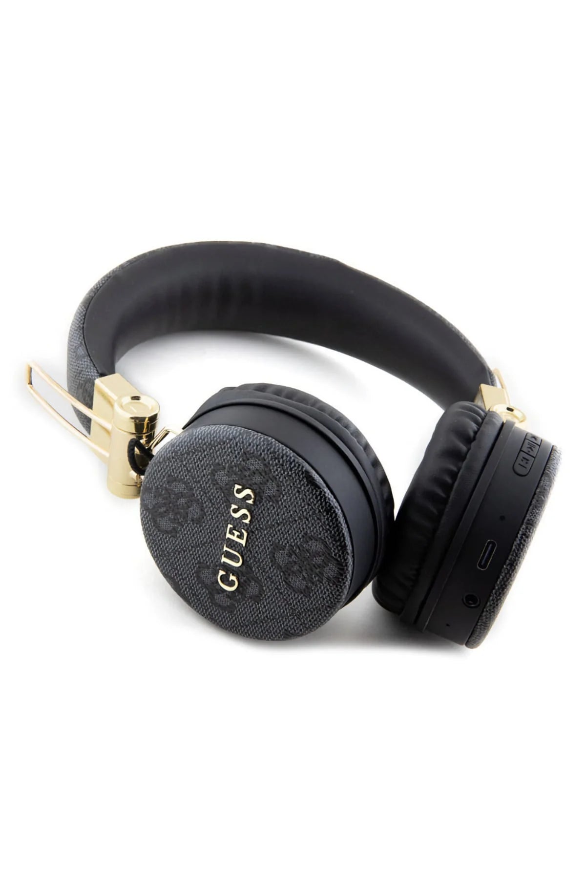 Guess Wireless Headphones 4G PU Leather with Metal Logo – Black | سماعة راس GUESS بلوتوث, جلد بنقشة 4 جي وشعار معدني, تشغيل حتى 32 ساعة - اسود