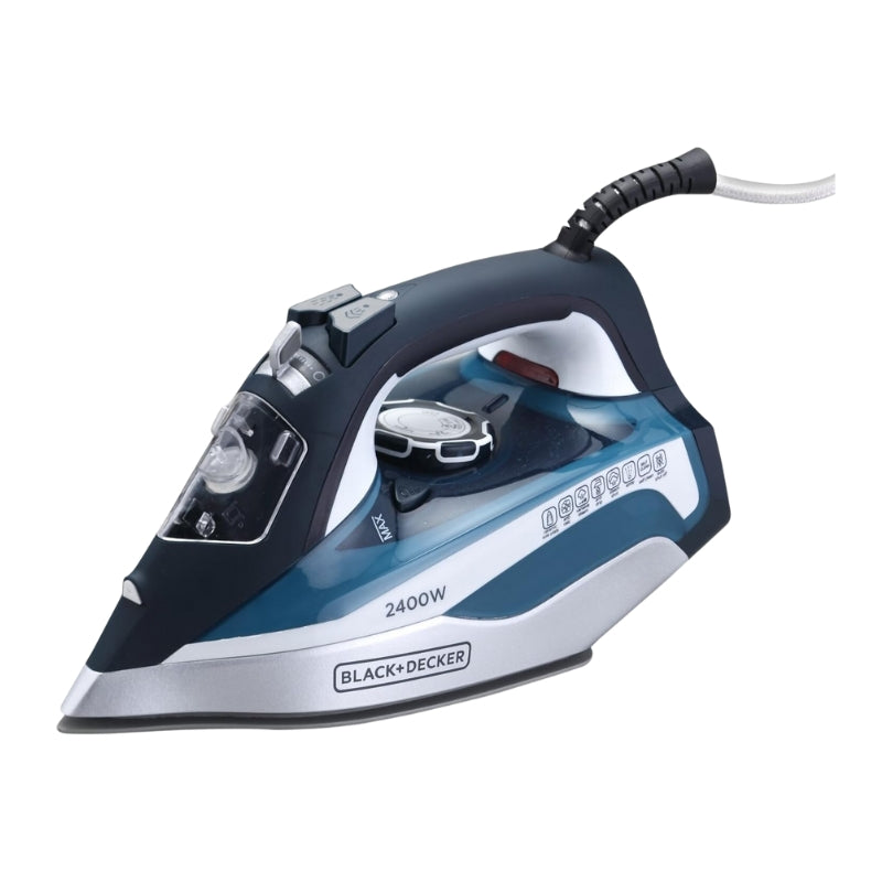 مكواة بخار بلاك اند ديكر 2400 واط مع قاعدة سيراميك وإيقاف تشغيل تلقائي، أزرق - Black+Decker 2400W Steam Iron with Ceramic Soleplate and Auto Shut-Off, Blue