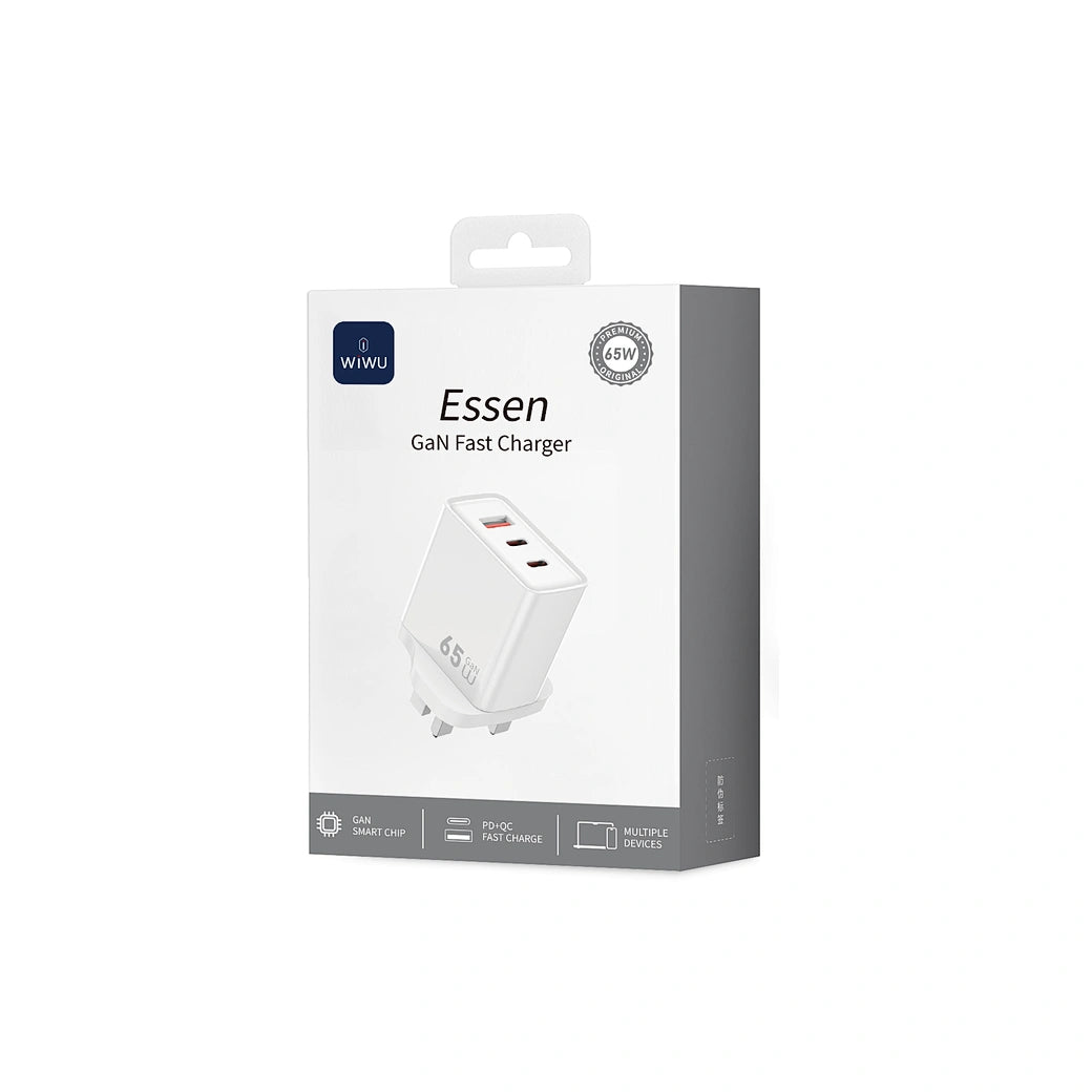 شاحن جداري ويوو سريع GaN بقدرة شحن 65 واط - ابيض | WiWU Wi-G005 65W Essen GaN Fast Charger for Laptop UK Plug - White