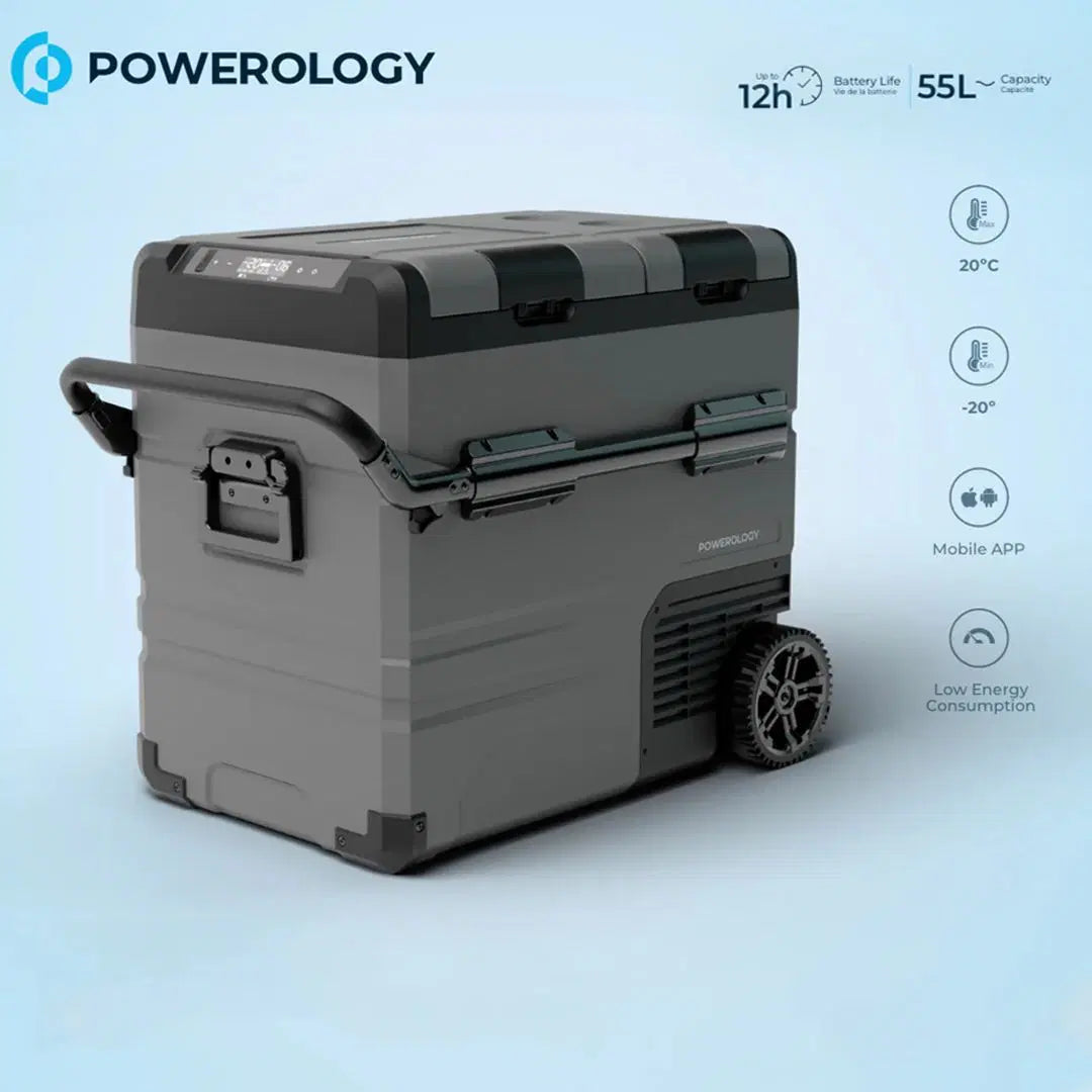 ثلاجة وفريزر محمول 55 لتر ببطارية 15600 مللي امبير من باورولوجي, مع حجرات مزدوجة وتحكم ذكي - رمادي | Powerology Smart Dual Compartment Portable Fridge & Freezer 55L 15600mAh with LED Control – Gray