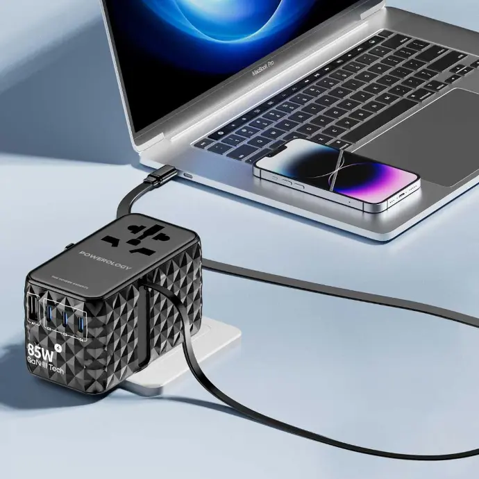 شاحن باورولوجي العالمي GaN, شحن سريع بقدرة 85 واط مع كيبل تايب سي مدمج قابل للسحب | Powerology GaN 85W Super Charger with Retractable Type-C Cable.