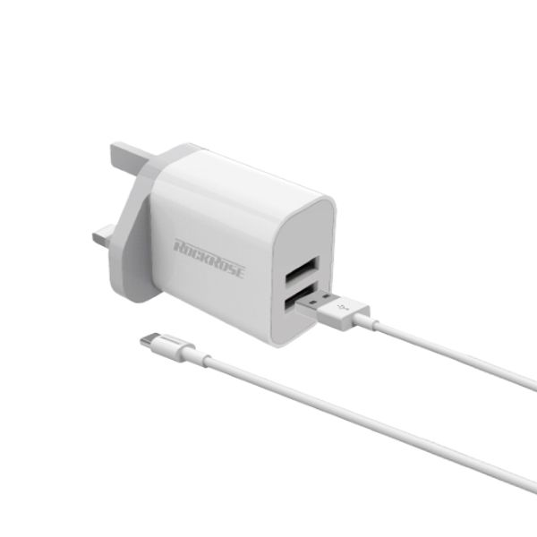 RockRose RRTCC02MUK Casa A2 Combo Dual Port 12W Max Power Adapter With UK Plug and Cable Charge & Sync Cable - روك روز كاسا اي 2 كومبو محول طاقة ثنائي المنافذ 12 واط ماكس كابل شحن ومزامنة