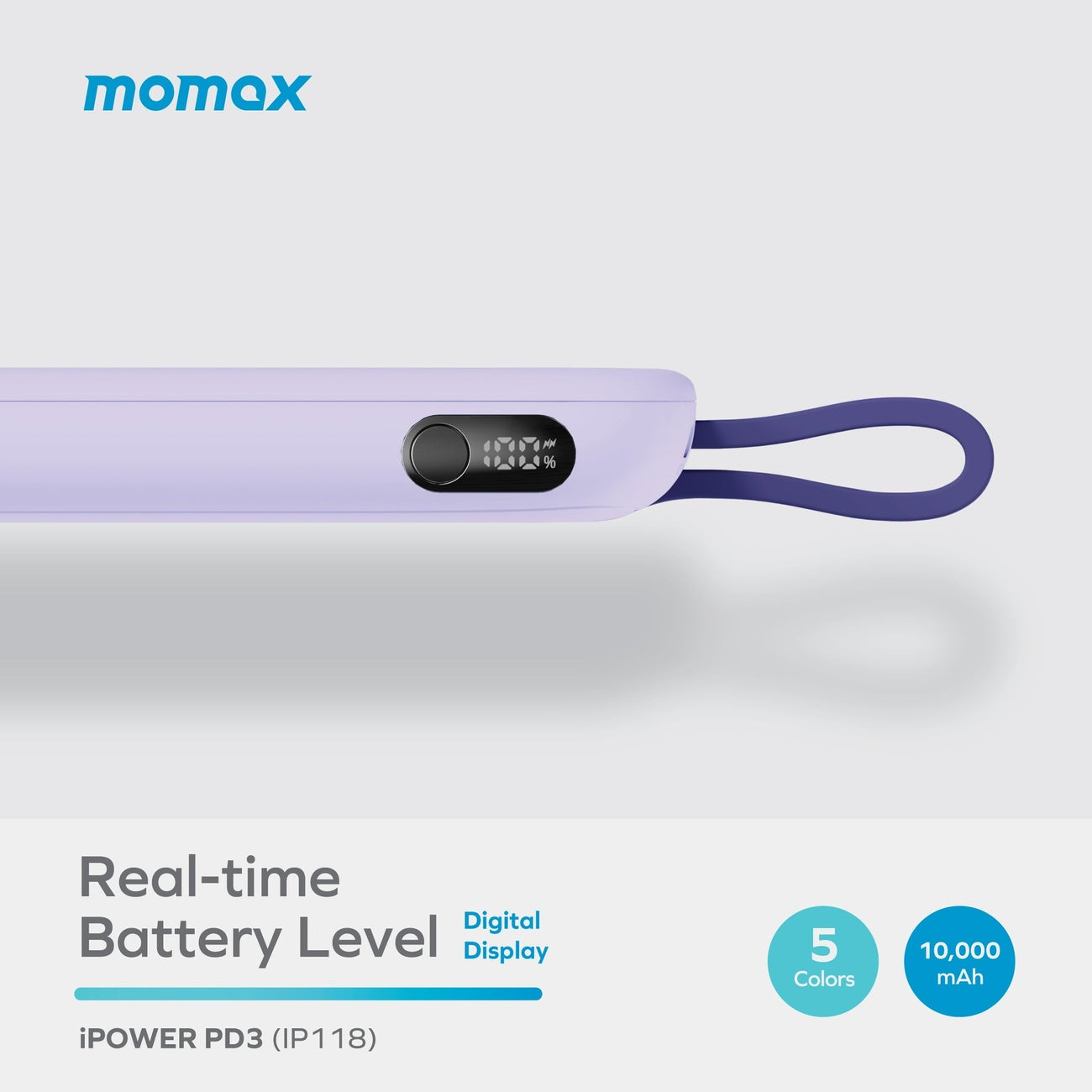 Momax iPower PD3 Power Bank 10000mAh, integrated Type-C Cable, 22.5W Fast Charging - بطارية موماكس اي بور PD3 المحمولة 10000 مللي امبير, كيبل موصول Type-C, شحن سريع 22.5 واط