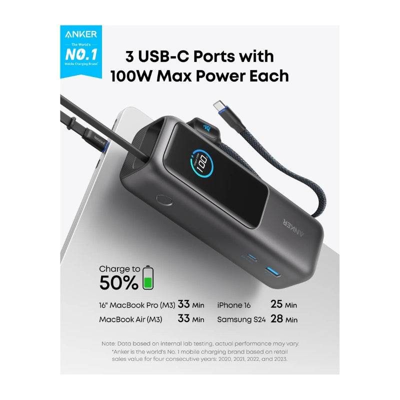 باور بانك انكر بسعة 25,000 مللي امبير وبقدرة شحن 165 واط - اسود | Anker Power Bank 25,000mAh 165W Ultra – Black