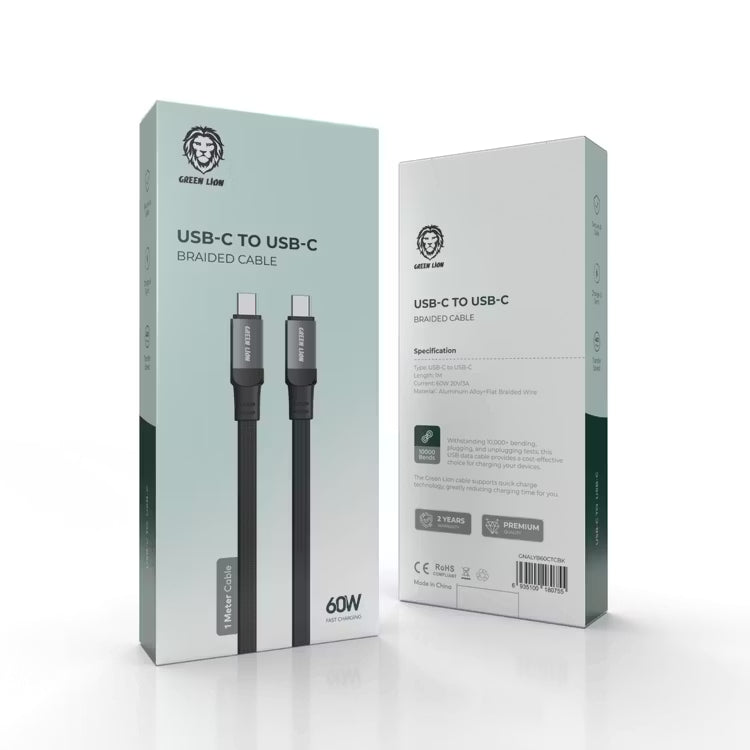 كيبل جرين لايون مضفر يو اس بي سي الى يو اس بي سي بقدرة شحن 60 واط وطول 1 متر - اسود | Green Lion USB-C to USB-C Braided Cable 1M 60W - Black