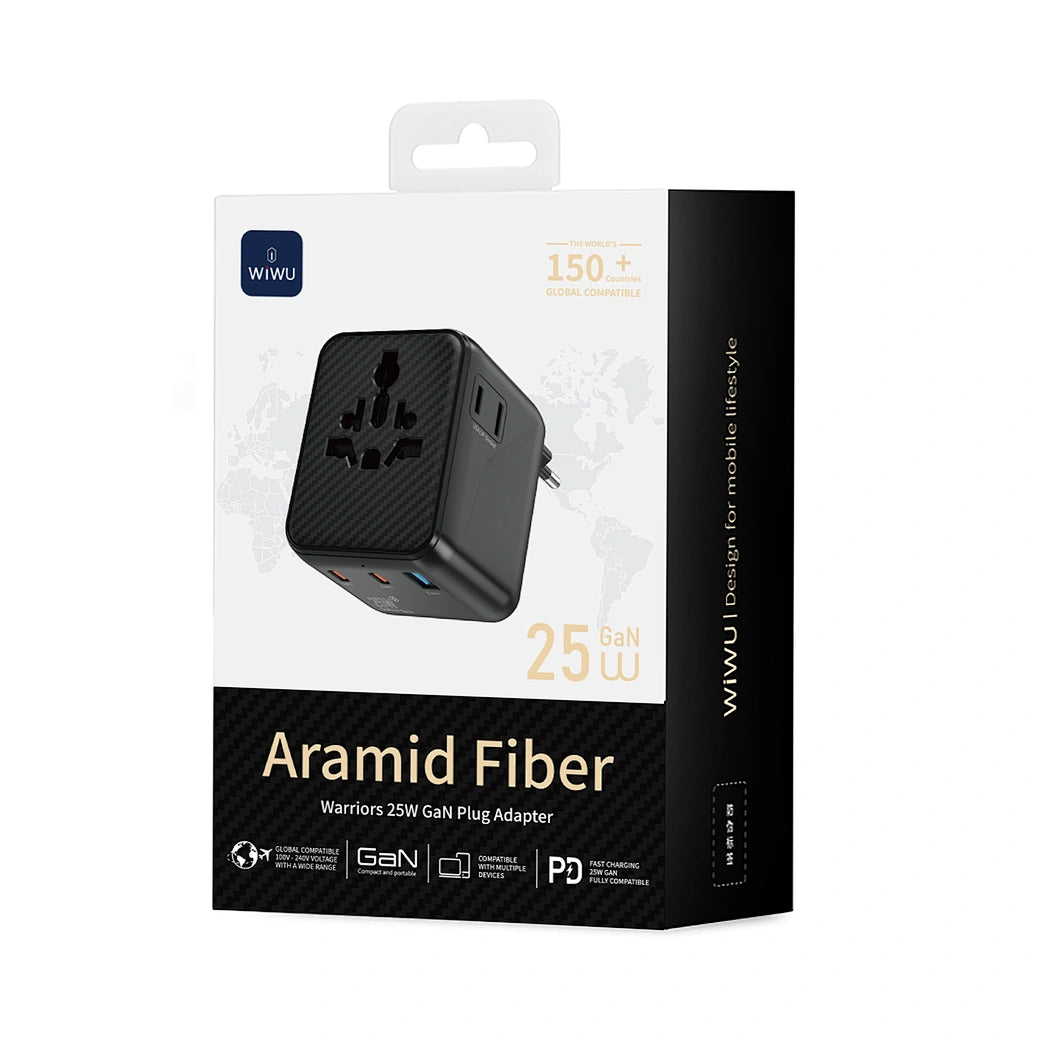 محول سفر عالمي ويوو GaN بقدرة شحن 25 واط - اسود | WiWU Wi-UA011 Warrior 25W GaN Universal Adapter 2C1A
