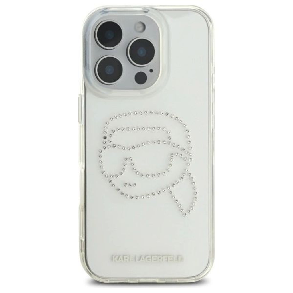Karl Lagerfeld IML Hard Case with Rhinestones Karl Head Logo for iPhone 16 Pro Max | كفر كارل لاغرفيلد شفاف مزين بكريستالات وشعار راس كارل لهاتف ايفون 16 برو ماكس