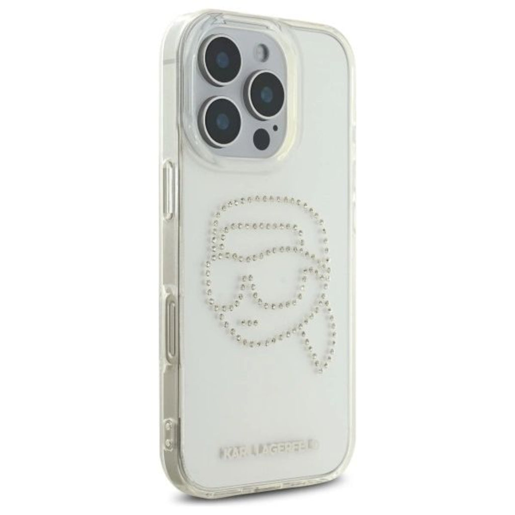 Karl Lagerfeld IML Hard Case with Rhinestones Karl Head Logo for iPhone 16 Pro Max | كفر كارل لاغرفيلد شفاف مزين بكريستالات وشعار راس كارل لهاتف ايفون 16 برو ماكس